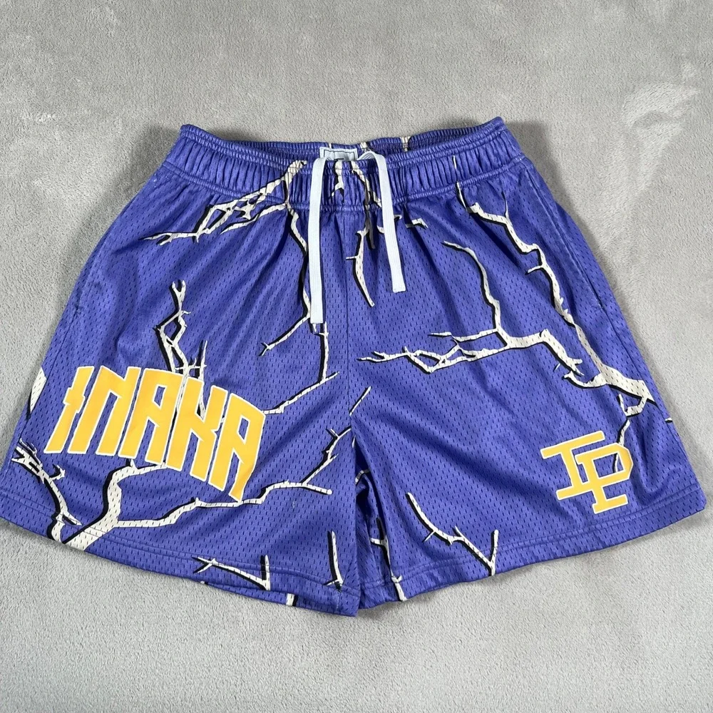 Inaka Power Gym Shorts Men's Size Large Purple Mesh Lightning Graphic Print Rare